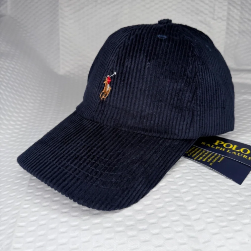 AUTHENTIC POLO RALPH LAUREN CORDUROY CAP NAVY BLUE UNISEX ONE SIZE M/L VINTAGE - Picture 2 of 5